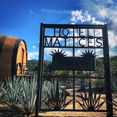 Hotel Matices de Barricas entrance sign with agave plants