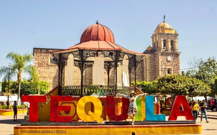 Tequila, Jalisco town square with colorful TEQUILA sign and colonial church